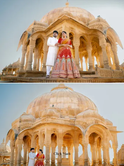 Two perspectives of the same location in Rajasthan, one a close-up of the couple and the other a wider shot showing the magnificent scale of the monument.