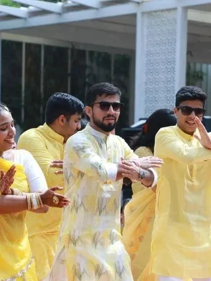 The groom and his friends showing off their moves during the Haldi flash mob. We make sure the steps are easy to remember so everyone can perform with confidence.