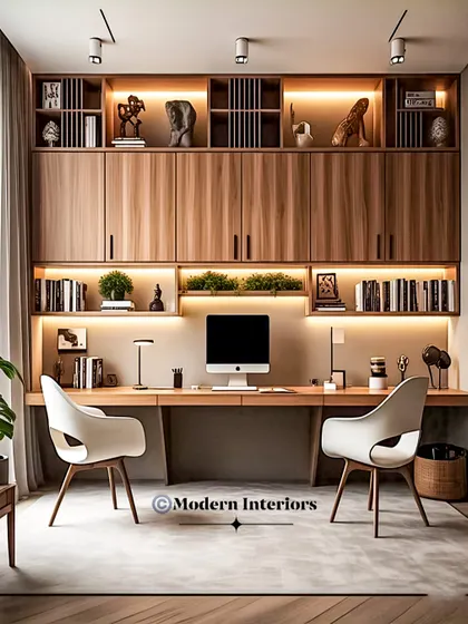 This luxurious dual home office is designed for ultimate productivity. The long desk provides ample space for two, and the extensive overhead and side cabinets, complete with beautiful backlighting, offer sophisticated storage for files and decor.