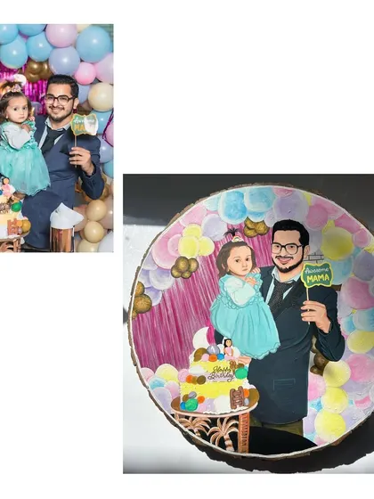 Celebrating a first birthday with a unique hand-painted gift. This portrait captures the father and daughter with their cake and festive balloon background, all recreated in my signature style on a wooden slice.
