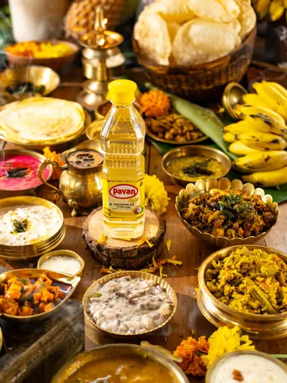 A wide shot of the Onam sadya spread, with the product placed centrally to highlight its role in the feast.