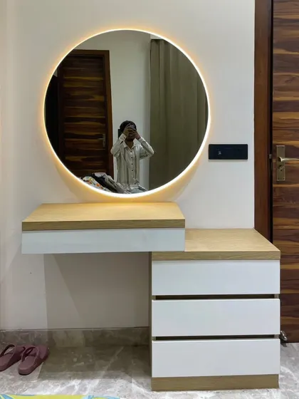 Another angle of the floating dressing table, showing its compact and space-saving design, which is perfect for modern bedrooms.