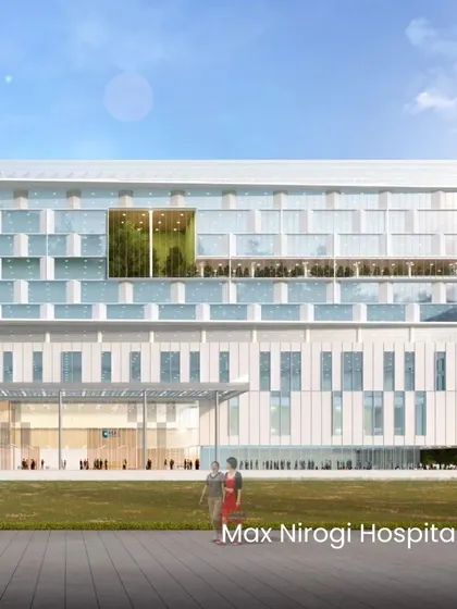 This rendering of Max Nirogi Hospital showcases our commitment to green healthcare practices. The design incorporates biophilic elements and sustainable systems to create a healing environment that is also energy-efficient.