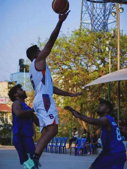 In the heat of competition, executing a finger-roll layup for my team, Bharath Sports Union, during the KBG Cup 2024. My coaching emphasizes finishing strong at the rim, even when contested.