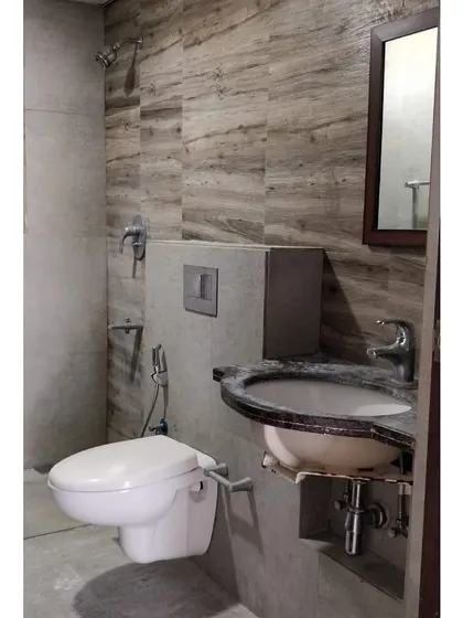 Before shot of the moody bathroom.