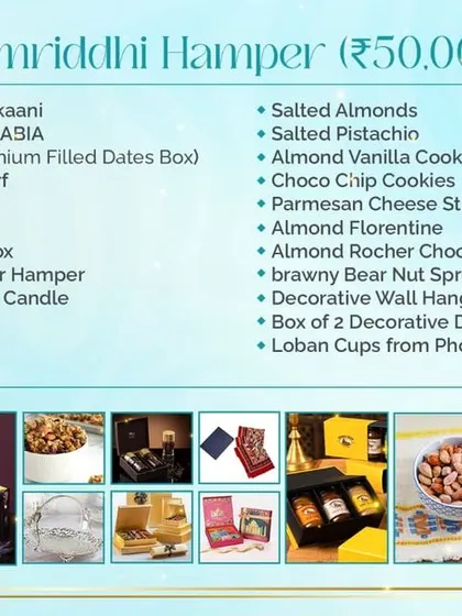 A detailed look at the contents of our grand 'Samriddhi Hamper'. This list showcases the variety of gourmet food items, luxury goods, and decorative pieces included.