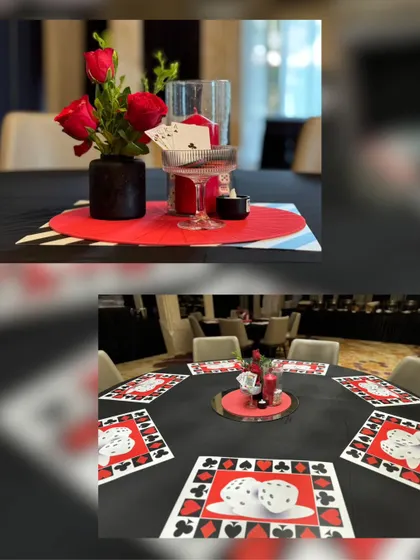 This collage shows both a close-up of the casino night centerpiece and a wider view of the full table setting. It demonstrates how the individual details come together to create a complete, thematic, and visually impactful dining experience for guests.