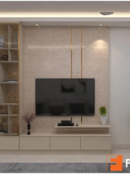 This elegant TV unit features a textured back panel with gold inlay details and a tall, glass-fronted display cabinet. The design is both luxurious and highly functional.