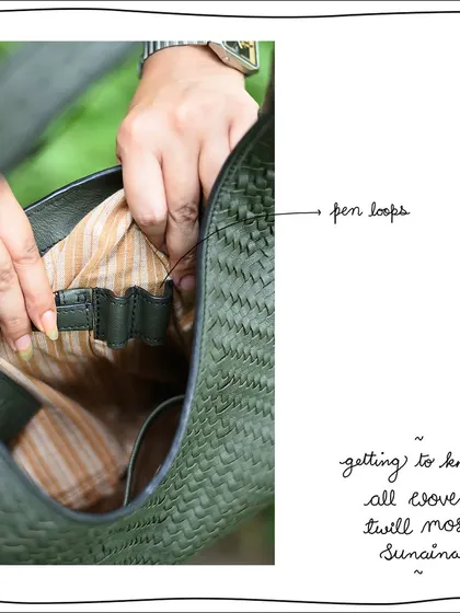 A look at the pen loops inside the All Woven Twill Moss Sunaina, a thoughtful detail for the organized individual.
