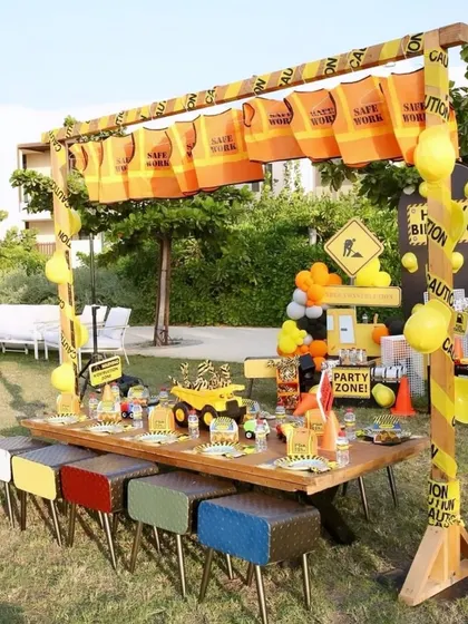 Another angle of the construction party table, showing the 'Party Zone' sign and attention to detail in creating an immersive experience.