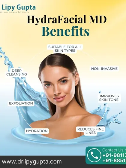 This graphic breaks down the key benefits of the HydraFacial MD. It is a non-invasive treatment suitable for all skin types that provides deep cleansing, exfoliation, and hydration. It also helps improve skin tone and reduces the appearance of fine lines.