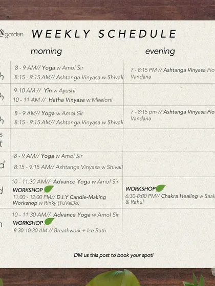 Here is our weekly schedule for a week in August, showcasing a mix of yoga classes and special workshops like candle-making and chakra healing.