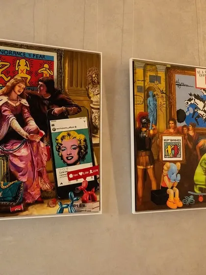 Another view of the 'Renaissance Reimagined' paintings, highlighting their placement in the gallery. The works are framed simply to let the complex, layered narratives within the canvases take center stage.