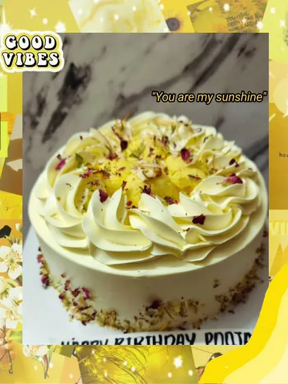 You are my sunshine! This beautiful Rasmalai cake is one of my most requested celebration cakes, decorated with cream swirls, pistachios, and rose petals.