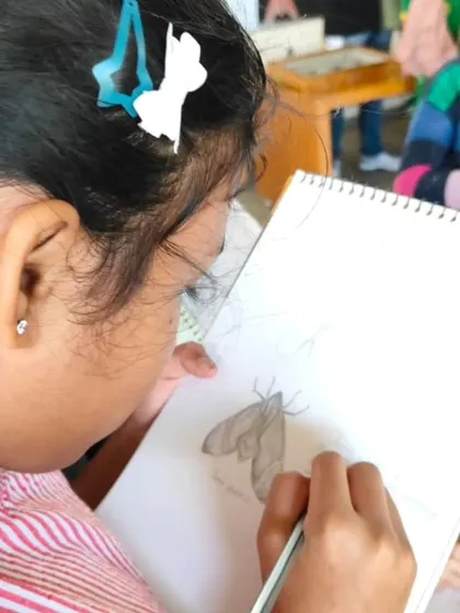 A young artist concentrates on sketching a moth specimen during our visit to NCBS, combining scientific observation with artistic expression.