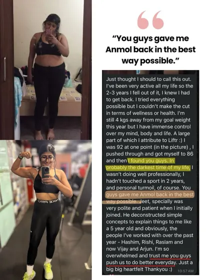 "You guys gave me Anmol back." This is why we do what we do. Anmol came to us during a dark time and, through consistent work, lost over 20 kgs, started running marathons, and found herself again. Her journey is a testament to the power of a supportive community.