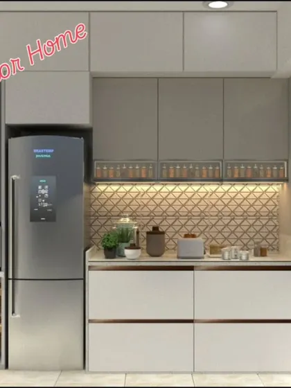 This kitchen layout cleverly incorporates a refrigerator, oven, and washing machine within the modular framework.