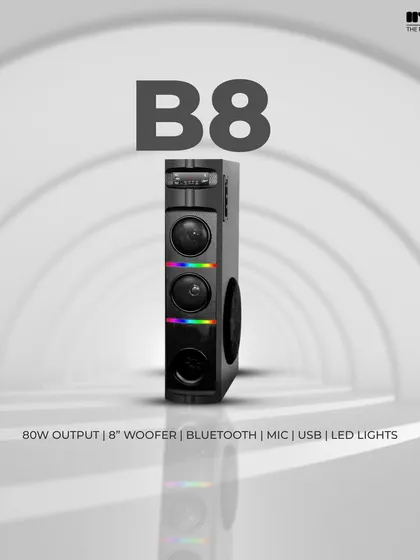 This is the B8 model, a compact tower with an 8-inch woofer and 80W output. It's a great choice for smaller rooms, offering Bluetooth, mic input, and LED lights.