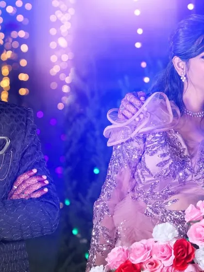 A creative composite shot showing both a candid and a posed moment from the couple's wedding reception.