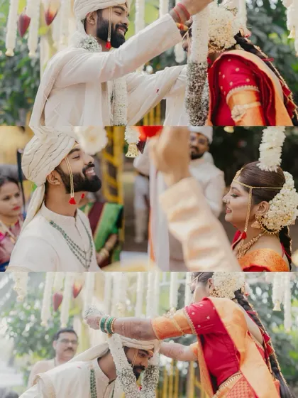 A collage capturing the fun and playful moments of the Varmala ceremony.