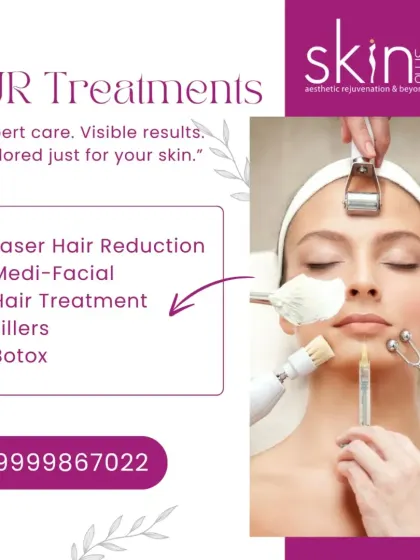 Our treatments are tailored just for your skin. This graphic shows a snapshot of our services, including Laser Hair Reduction, Medi-Facials, Fillers, and Botox, all delivered with expert care for visible results.