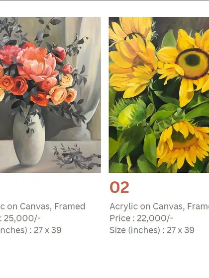 Two framed acrylic paintings, one a floral still life and the other a sunflower bouquet. All my paintings come framed, making them easy to display as soon as you receive them.