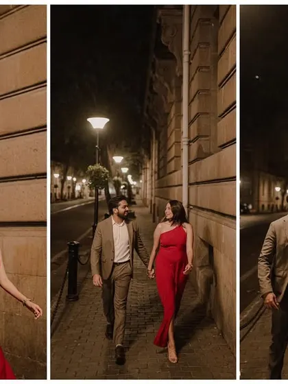 A collage of the couple walking down an empty, beautifully lit street at night.