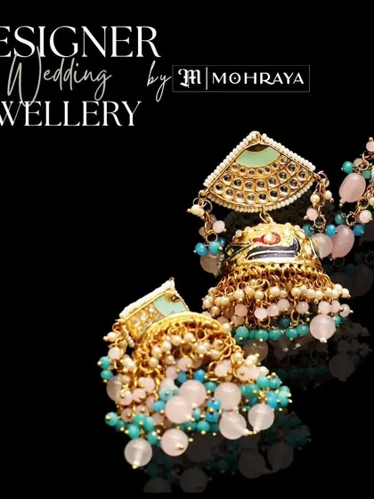 A graphic showcasing our designer wedding earrings. This pair of jhumkas features beautiful meenakari work with pastel pink and blue beads.