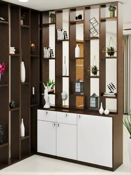 This L-shaped partition unit provides significant storage and display space in the foyer. It helps to define the entryway while maintaining a visual connection to the rest of the home.