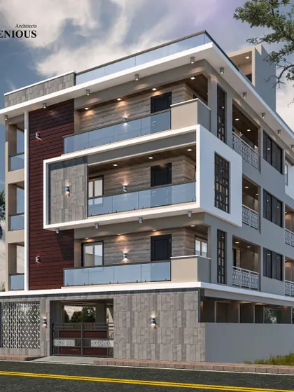 A proposed apartment building in HSR Layout with a sophisticated, layered facade. The design uses projecting and recessed balconies, along with a mix of wood and stone textures, to create a visually rich exterior.