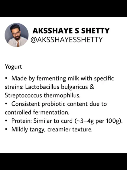 Yogurt is made by fermenting milk with specific bacterial strains, giving it a consistent probiotic content and a creamy texture. Its protein content is similar to curd, at around 3-4g per 100g.