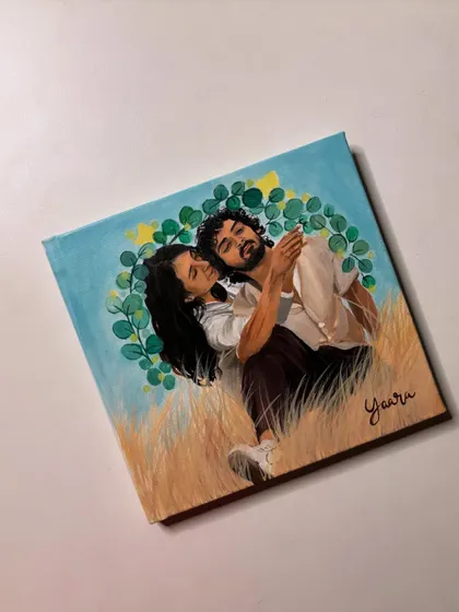 This romantic couple portrait, set against a backdrop of soft foliage, was created as part of a wedding album project. It captures a quiet, intimate moment between the couple.
