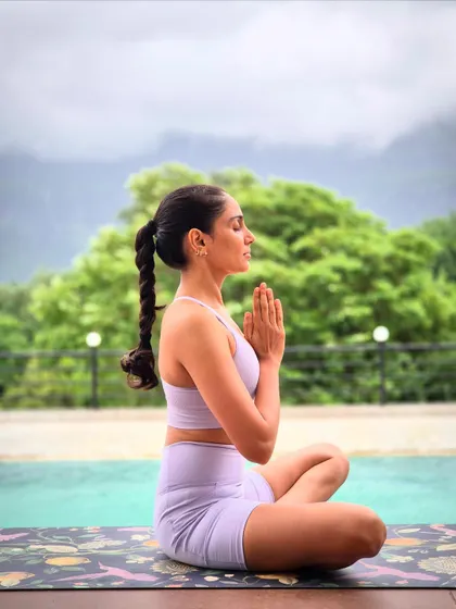A moment of gratitude and connection during my personal practice. The Anjali Mudra, or prayer hands at the heart center, is a gesture of reverence and balance that I often incorporate into my meditation sessions.