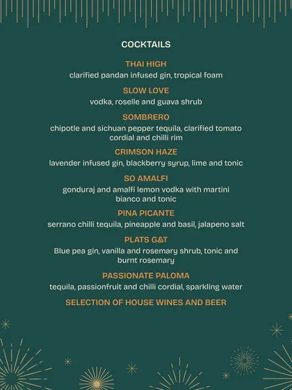 Our special New Year's Eve cocktail list. Featuring inventive drinks like the Thai High with clarified pandan-infused gin and the Sombrero with chipotle tequila.