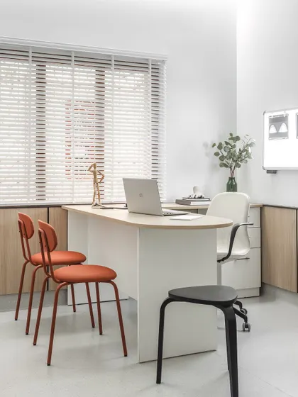 Inside the doctor’s chamber, minimalism continues with stark white surfaces and light oak panels. This creates a serene, professional backdrop for patient consultations, free from visual distractions.