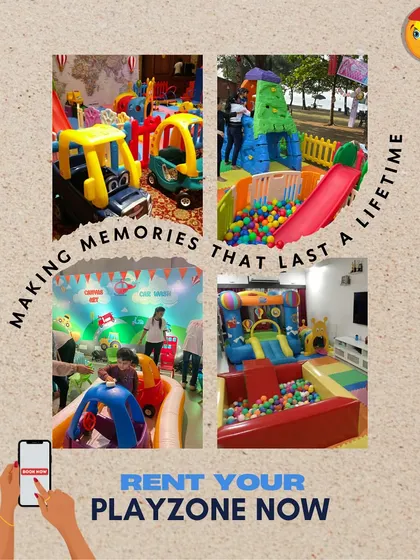 Making memories that last a lifetime. This collage shows four different scenes, including an outdoor climbing wall, an indoor car wash theme, and a large bouncy castle with a ball pit.