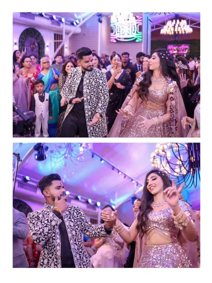 The couple's first dance at their engagement party. These shots capture their joy, the crowd's energy, and their coordinated moves.
