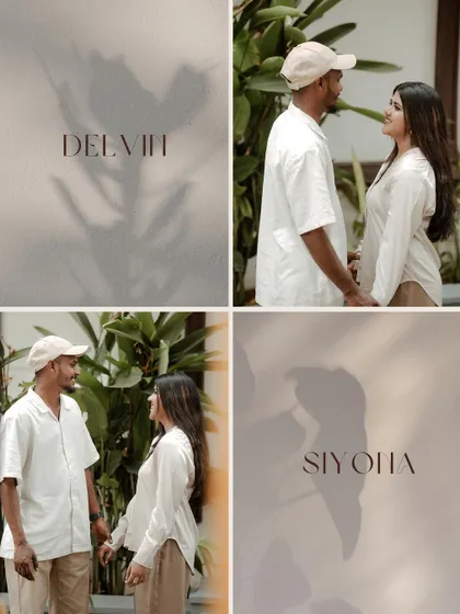 An artistic collage that plays with shadows and text to create a modern and stylish announcement for the couple.