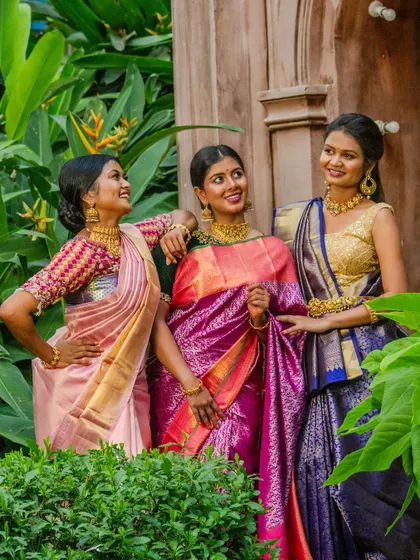 Three models showcasing three different looks. This demonstrates how you can coordinate different jewellery sets from our collection for a cohesive group look.