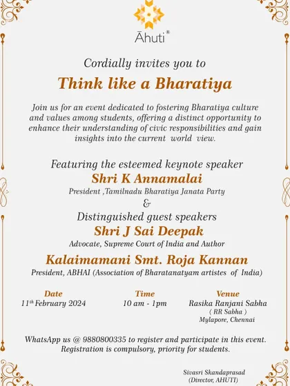 The formal invitation for the "Think Like a Bharatiya" event. Fostering a Bharatiya worldview among students is a critical mission.