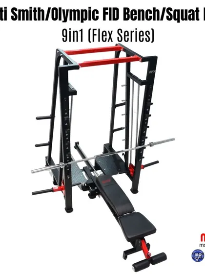 The Smith machine function of our 9-in-1 station set up for a decline press.