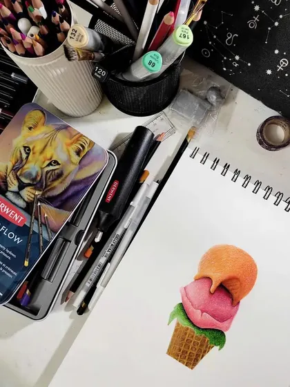 The ice cream drawing in my sketchbook, surrounded by my art supplies.