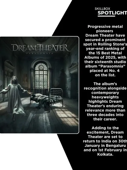 A spotlight graphic celebrating Dream Theater's album 'Parasomnia' ranking in Rolling Stone's Best Metal Albums list, building hype for their India tour.