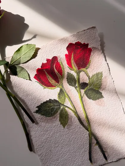 Another angle of the finished red rose painting. The play of light and shadow is so important in my work, and this photo captures how it brings the gouache illustration to life.