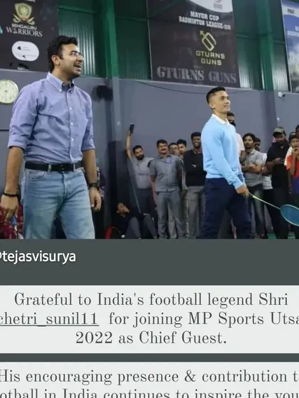 A graphic celebrating Sreyas's victory in the U17 boys singles category at the MP Sports Utsav, an event graced by Indian football legend Sunil Chhetri.