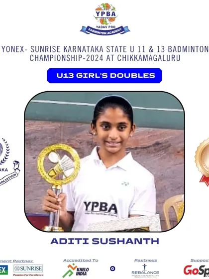 Aditi Sushanth with a Bronze medal in U13 Girl's Doubles at the Karnataka State Championship in Chikkamagaluru.