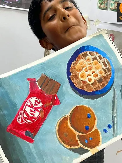 Another successful food painting, showcasing the student's ability to render different textures, from the crunchy waffle to the smooth chocolate.