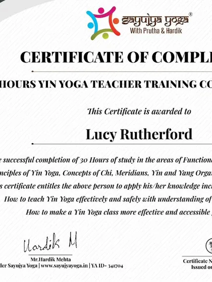 Certificate for an international graduate of our 30-hour Yin Yoga TTC.