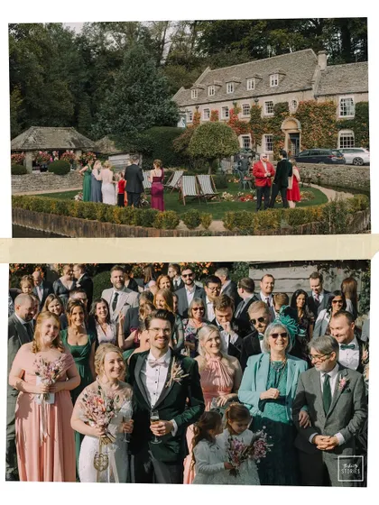A collage capturing the grand view of the venue and a close-up of the joyful group photo, telling the story of an impeccable wedding day.