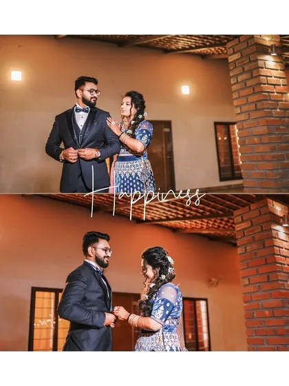 A diptych of the couple sharing a happy moment before their reception, helping each other with the final touches.